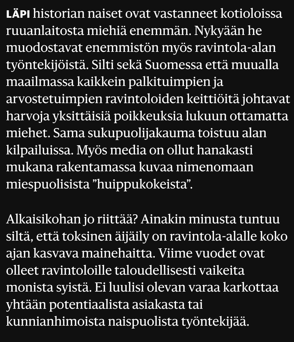 FatPjotr's tweet photo. Se että tunnetuimmat ja palkituimmat keittiömestarit ovat pääsääntöisesti miehiä, on HS:n ravintolakriitikon mukaan toksista äijäilyä.
Oikeasti siinä ei ole mitään väärää, että parhaat ovat miehiä – kuten ei siinäkään jos parhaat olisivat kaikki naisia. Venla Rossi on jämähtänyt toksiseen feminismiinsä.