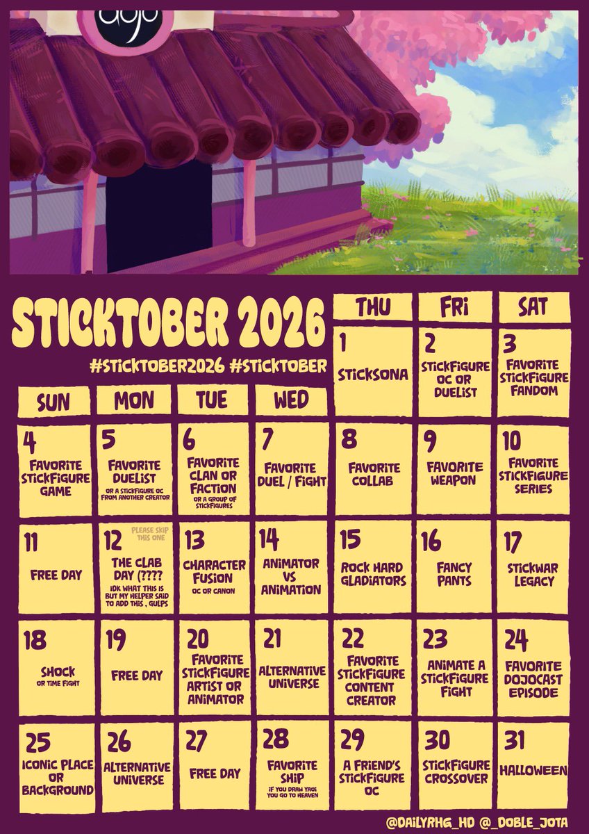 DailyRHG_HD's tweet photo. STICKTOBER 2026 LIST IS FINALLY HEREEE !! 
Hope yall have fun doing this one :3
#sticktober2026 #sticktober #stickfigure #stickman #Hyunsdojo https://t.co/cKSCPP5VAW