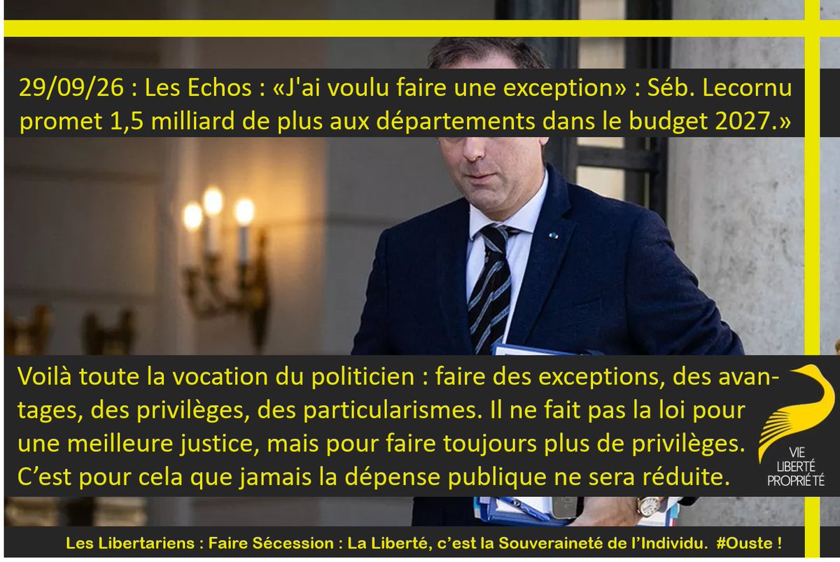 StephaneGeyres's tweet photo. Voilà toute la vocation du politicien : faire des exceptions, des avantages, des privilèges, des particularismes. Il ne fait pas la loi pour une meilleure justice, mais pour faire toujours plus de privilèges. C’est pour cela que jamais la dépense publique ne sera réduite.
#Ouste https://t.co/HZKTt78mgD
