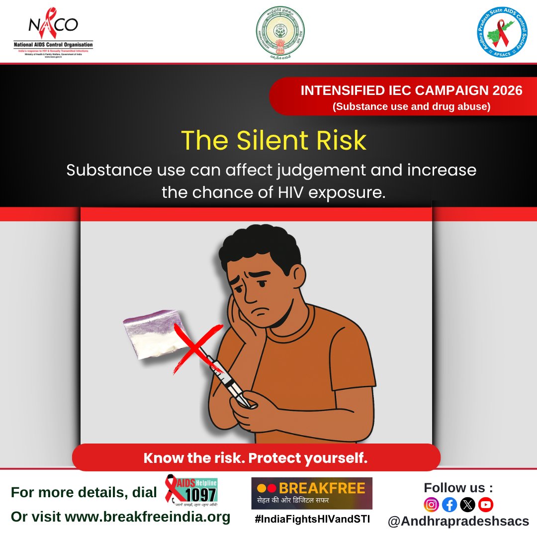 APSACS2020's tweet photo. The Silent Risk — Know It. Prevent It.
#IndiaFightsHIVandSTI #APSACS #TheSilentRisk #DrugUseAwareness #SubstanceUseAwareness #HIVRisk #HIVAwareness #HIVPrevention #SafeChoices #NeverShareNeedles #StayInControl #ProtectYourself #BreakFreeIndia #IntensifiedIECCampaign2026 https://t.co/0UzTd9ZQDq
