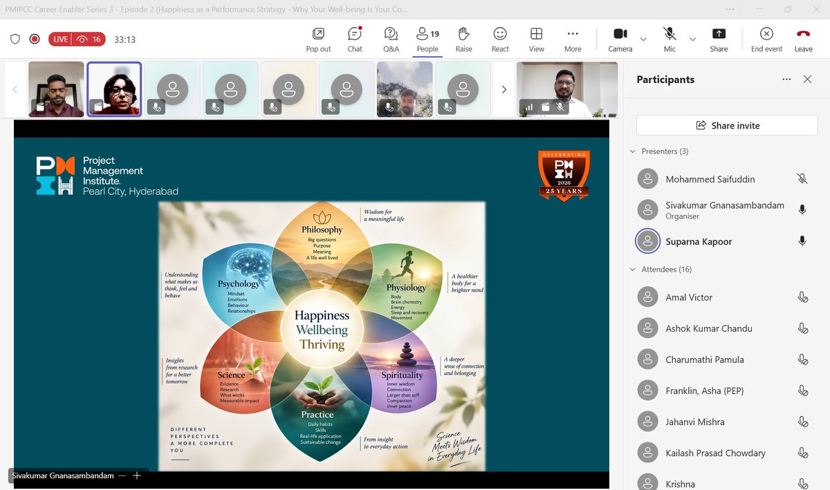 PMIPCC's tweet photo. Happiness is more than a feeling — it's a performance strategy!

#PMIPCC Career Enabler Series 3 | Ep 2 explored how well-being, emotional awareness and intentional action help us navigate challenges and build resilience.

🙏 Thank you, Suparna Kapoor, for the insightful session! https://t.co/4dgaJNEsBU