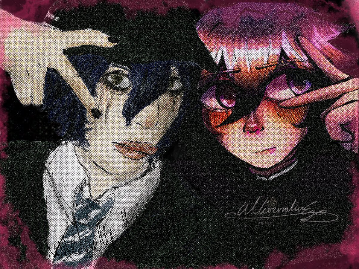 melancholyflesh's tweet photo. collab w/ my sweet perfect amazing perfect stunning lovely gorg love of my life best friend forever partner in everything apple of my eye cupcake muffin babygirl honey darling @alternat3go who drew kokichi ❤️❤️❤️ i did shuichi 🤬

#drtwt 
#shuichisaihara
#kokichiouma https://t.co/Ytq82FsLCa