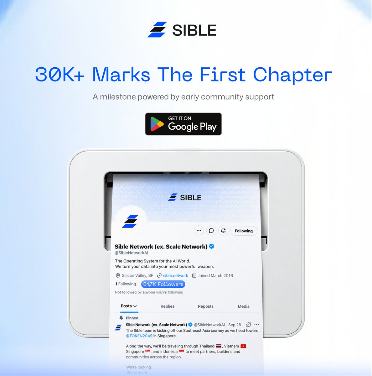 SibleNetworkAI's tweet photo. Sible Network has reached 30,000 followers on X within one month of launch.

This milestone means a lot to us, and more importantly, it shows how quickly the Sible community is taking shape. 

We appreciate everyone who has followed our progress, engaged with our updates, shared feedback, and contributed to the growth of the community during this early stage.

We are still at the beginning, with much more to build, release, and improve together. 

Thank you for being part of the first 30K.

📲Download the Sible Network app today on Google Play: https://t.co/WAq5EvT9Eo

#SibleAI #SIBLE #SibleNetwork