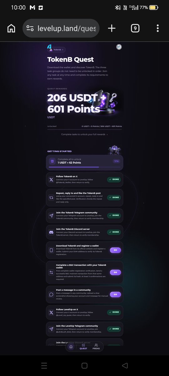 gstsinger4's tweet photo. Just completed my daily tasks on TokenB Quest! 🚀 Big rewards are waiting—up to 206 USDT and 601 Points up for grabs. Don't miss out on this awesome crypto journey. Join now and start earning! 💰💎
#TokenBQuest #LevelUpLand #CryptoRewards #USDT #Web3 #CryptoCommunity https://t.co/UkiNFQqDLG