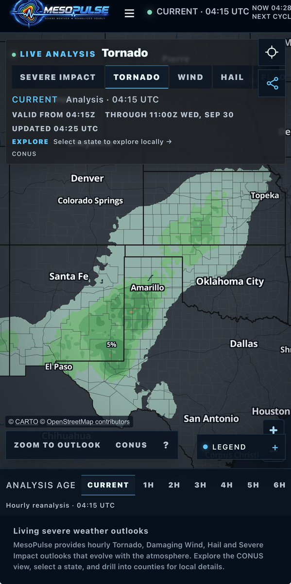 MesoPulse's tweet photo. A 5% tornado risk region remains active across parts of the Texas Panhandle (near Amarillo), eastern New Mexico, western Oklahoma, eastern Colorado, and western Kansas.

Track living severe weather outlooks hourly at https://t.co/ueU32QXpsu

Stay weather aware through early Wednesday morning! 

#MesoPulse #SevereWx #Tornado #TXwx #OKwx #NMwx #COwx #KSwx
