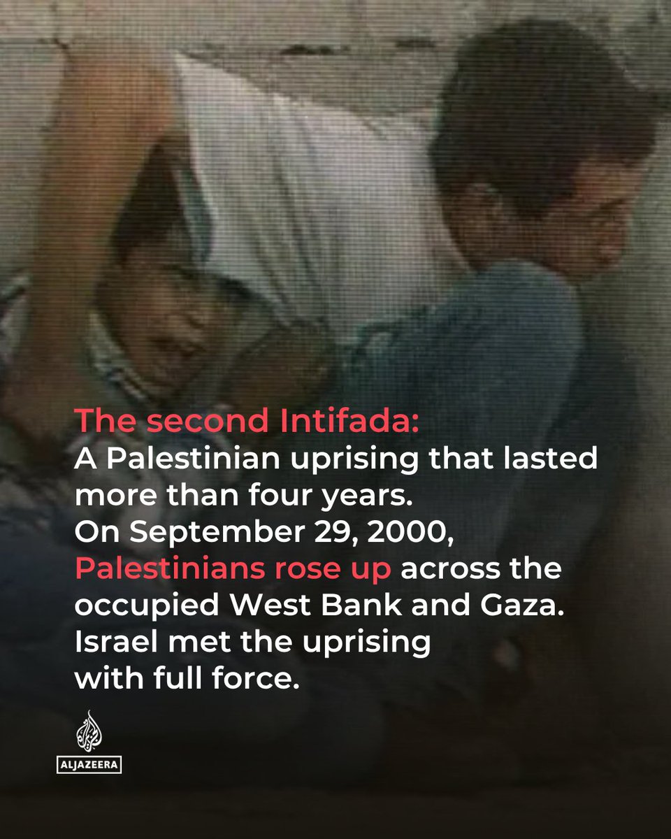 AJEnglish's tweet photo. 🧵THREAD 

Twenty-six years ago, the Second Intifada began after Ariel Sharon’s visit to the Al-Aqsa Mosque compound.

The uprising lasted more than four years and left thousands of Palestinians dead. https://t.co/UVMgUlq83f