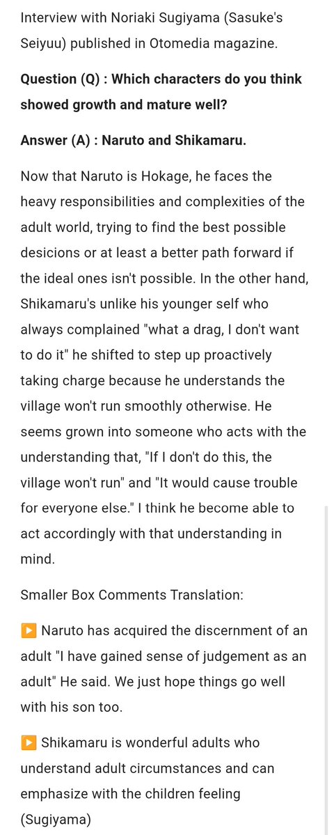 Hiromiinara's tweet photo. NORIAKI SUGIYAMA (SASUKE'S SEIYUU) ANSWERS THE QUESTIONS OF CHARACTERS SHOWED GROWTH MATURE WELL IS NARUTO AND SHIKAMARU. HES EVEN SAYING SHIKAMARU IS WONDERFUL ADULTS 🤩🤩 https://t.co/l7ztjF4x5b
