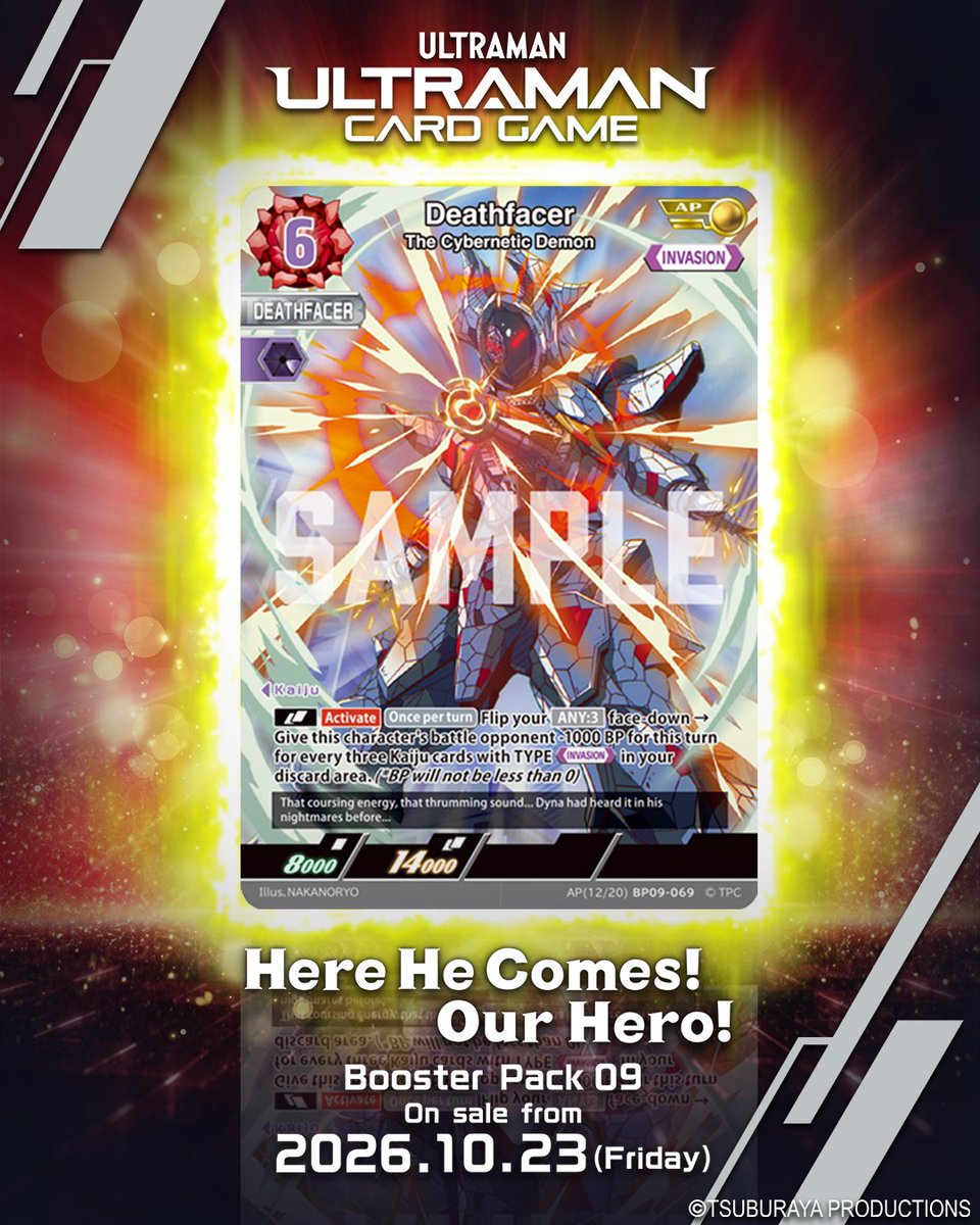 ucg_en's tweet photo. ◢◤#UltramanCardGame◢◤

⚡Card Design Reveal⚡

From Booster Pack 09
“Here He Comes! Our Hero!”

[BP09-069]
“Deathfacer The Cybernetic Demon”

The cold sound of machinery echoes as the Neo Maxima Cannon takes aim at Dyna and begins to glow!

Booster Pack 09 goes on sale 23 October 2026!

#UCG #BP09