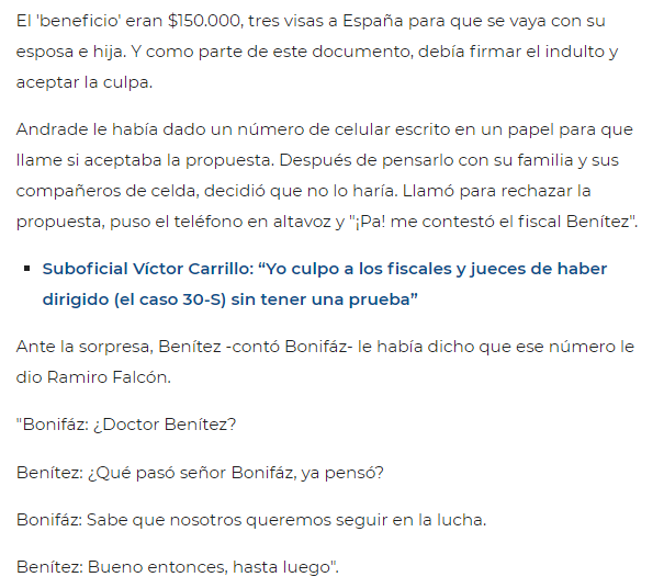 A screenshot of a Spanish-language news article discussing a $150,000 bribe offer involving prosecutors, a subofficer named Víctor Carrillo, and the case 30-S.