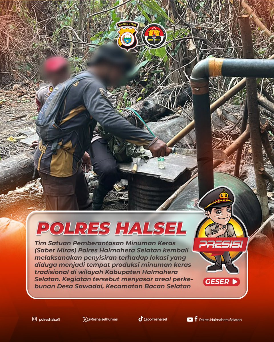 Reshalselhumas's tweet photo. Tim Satuan Pemberantasan Minuman Keras (Saber Miras) Polres Halmahera Selatan kembali melaksanakan penyisiran terhadap lokasi yang diduga menjadi tempat produksi minuman keras tradisional di wilayah Kabupaten Halmahera Selatan. https://t.co/lJacI07o2F