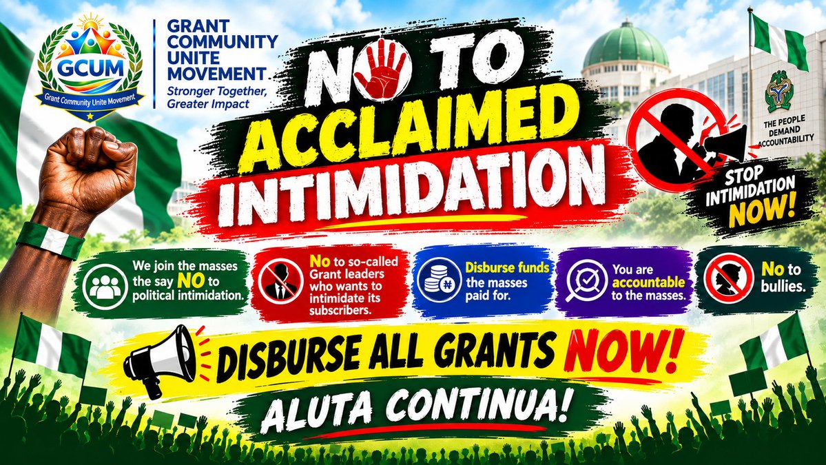 GrantCommuUnite's tweet photo. *NO TO INTIMIDATION — WE DEMAND ANSWERS!* 
It has come to our attention that some grant handlers, stakeholders and coordinators may be using intimidation and endless explanations while beneficiaries continue to wait for disbursement.
For over 11 years, millions of Nigerians subscribed for UAS/UAAG grants through coordinators and Grant handlers, yet questions remain about the status of the funds, remittances and promised disbursements.
The masses deserve answers—not intimidation, silence or more delays.

Power belongs to the people. We will continue to call for justice, transparency, accountability and fairness.
DISBURSE THE GRANTS NOW!!
Let the facts speak. Let accountability prevail.
#UAAG #UAS #DisburseGrantsNow #GrantTransparency #Accountability #FollowTheMoney #StopTheDelay #JusticeForTheMasses #GrantCommunity #GCUM #Nigeria
