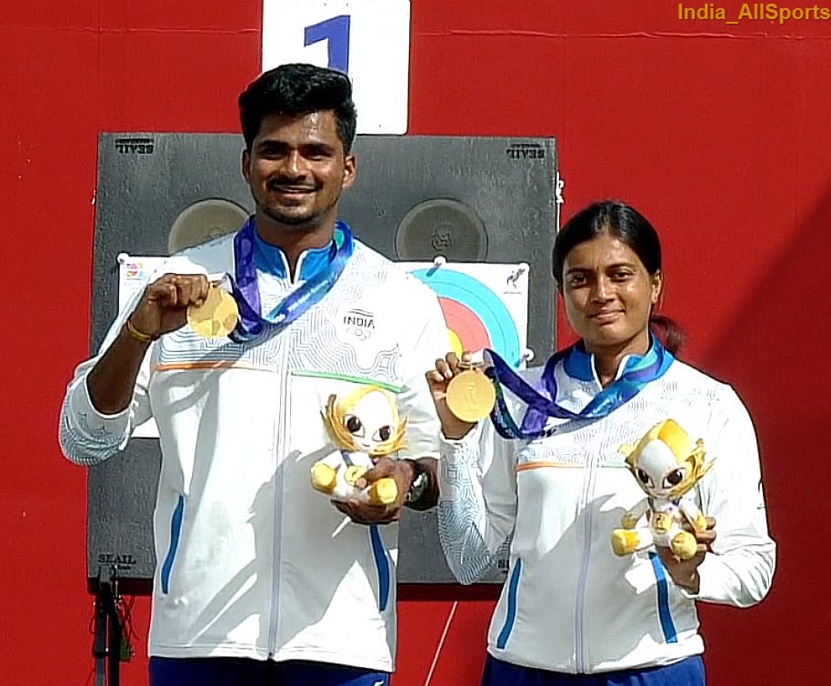 India_AllSports's tweet photo. Chikitha & Sahil Jadhav on the victory podium after winning GOLD medal (Archery) ♥️ 

#AichiNagoya2026 #AG2026withIAS