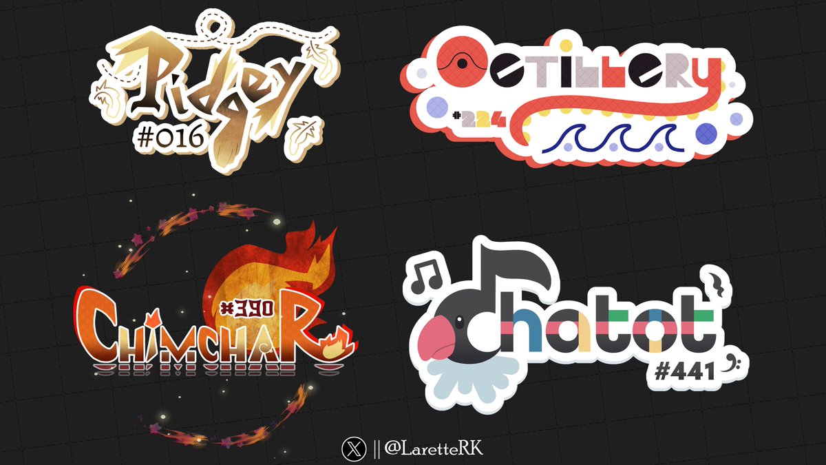 LaretteRK's tweet photo. About 3 years ago, I started making some logos for Pokemon. I haven't touched logo design for some time, but... anyone got suggestions for the next few Pokemon I can (((inconsistently))) work on? I'm slowly trying to get back into logo/graphic design (am noob) :) thx in advance🫶 https://t.co/VRHiJIBDrQ