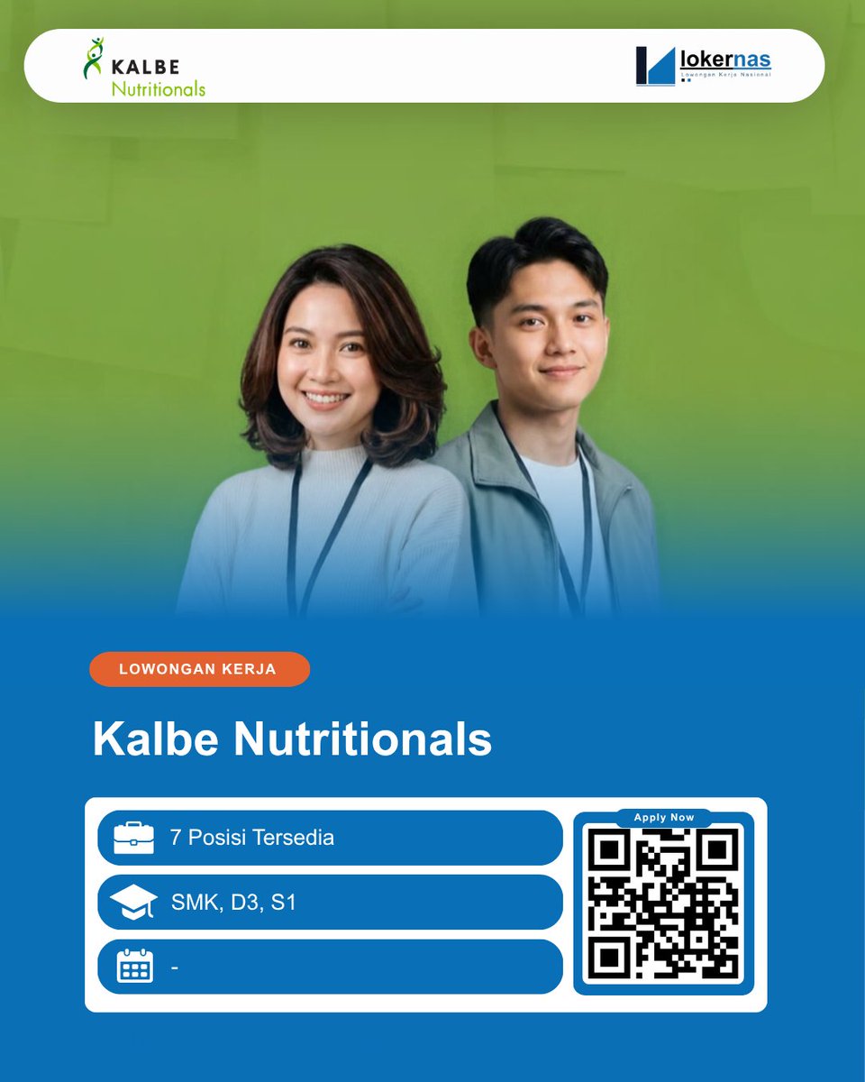Lokernas_com's tweet photo. 📢 Lowongan Kerja Kalbe Nutritionals

💼Posisi Tersedia :
1. Laboratory System Admin Assistant
2. QA Inline Analyst
3. Finance Accounting & Tax Supervisor – GVN
4. Automation Engineer
5. Quality System Staff – GVN
6. Area Sales Supervisor
7. Channel & Customer Development Specialist
 Speciality Store

🎓Kualifikasi :
S1, D3, SMK

Info lengkap pendaftaran : https://t.co/z2tGe0FhPk