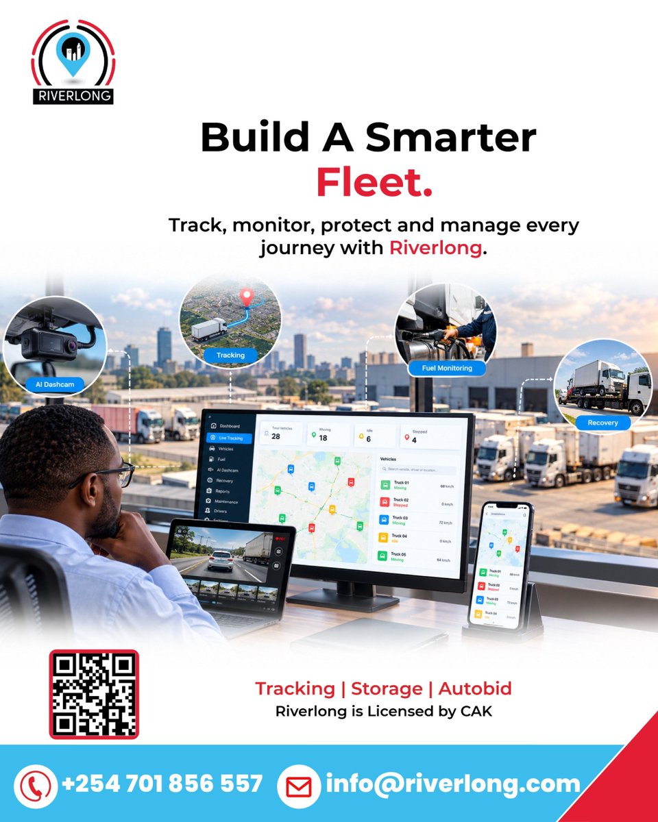 RiverlongLtd's tweet photo. Build A Smarter Fleet.
Track, monitor, protect and manage every journey with Riverlong.
Call/WhatsApp: +254 701 856 557
info@riverlong.com
https://t.co/h1DnqjAiuz
#FleetTracking #FleetManagement #GPSTracking #AIDashcam #KenyaFleets https://t.co/C71mVtNxwG