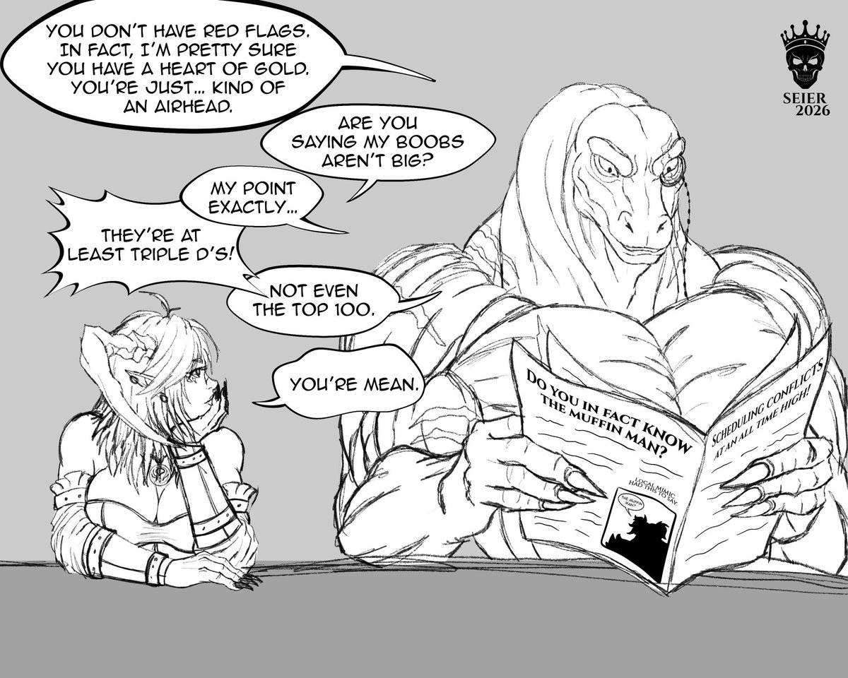 Seier_Art's tweet photo. Fun follow up sketch featuring Mirelle and my lizard-folk, Gori Ora. Lots of fun stuff going on here. Mirelle can’t catch a break and Gori won’t give her one. 🤣
#oc #dndoc #dragon #lizardfolk #sketch https://t.co/n8Osa6diL2