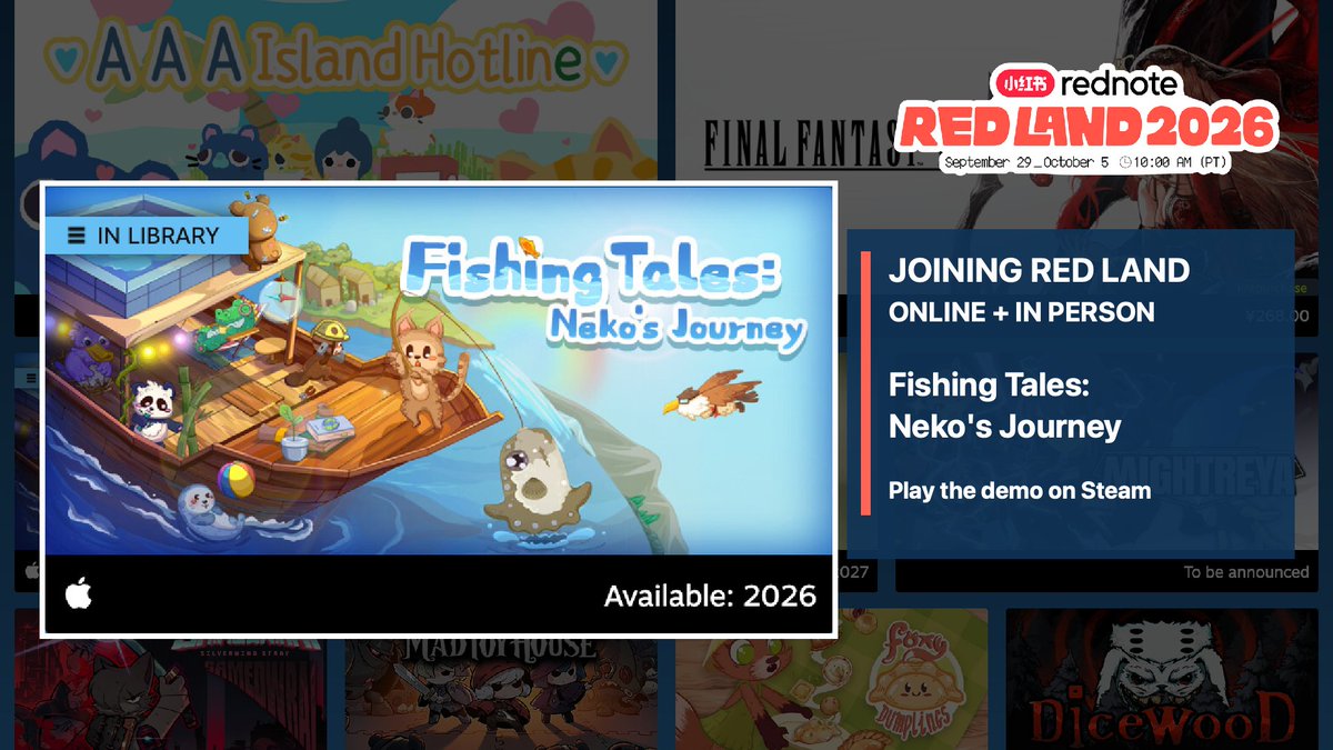 MingoMakeGames's tweet photo. Fishing Tales: Neko's Journey is joining RED LAND 2026 online and in person! Cozy idle fishing, 40+ fishing spots, 260+ fish. Play the Steam demo now; full-game development is complete, with release still to come. https://t.co/IXua8XSBL5 #REDLAND2026 #IndieGame https://t.co/N1TOZQN8ze