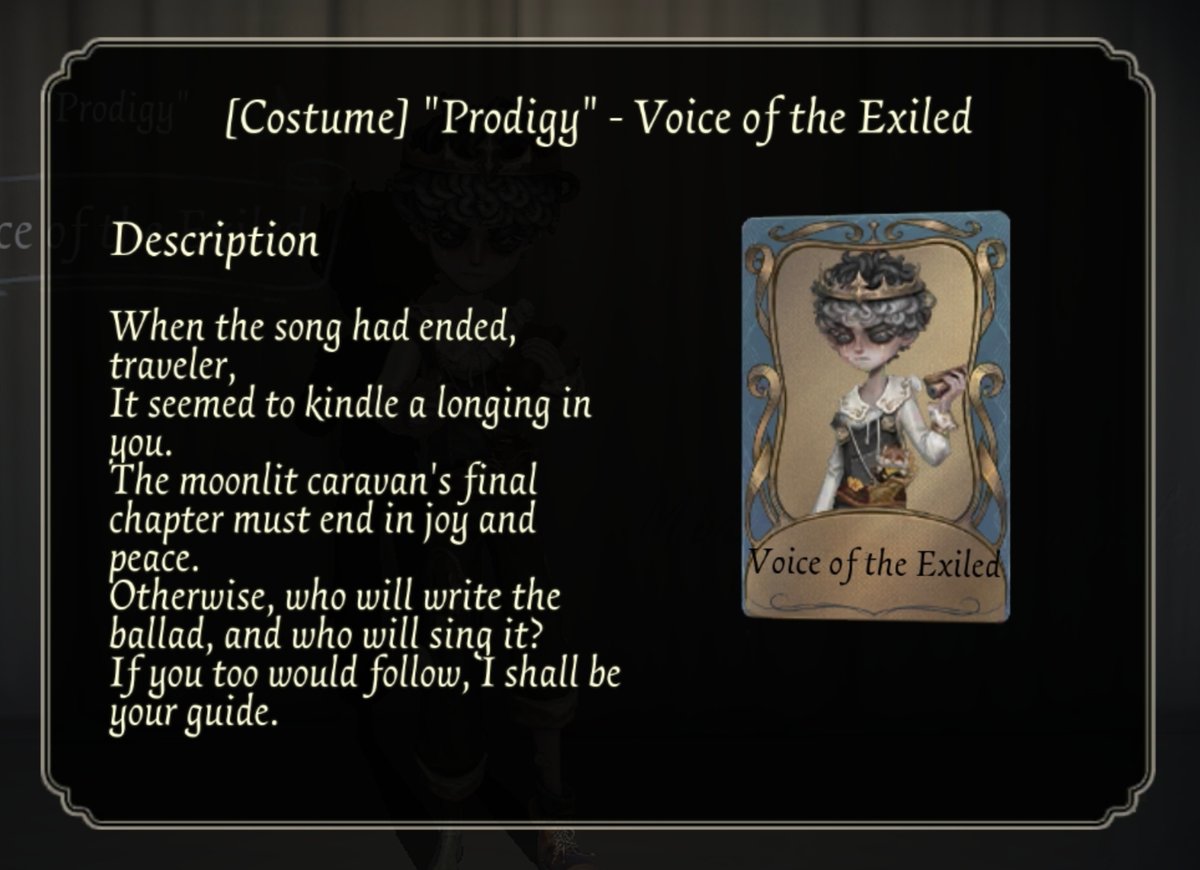 idvlogic's tweet photo. [ Collection Menu ]

"Prodigy's" B-tier costume, "Voice of the Exiled," is viewable on his collection menu, but the costume won't be available in the shop till next week. https://t.co/3RndjQQECw