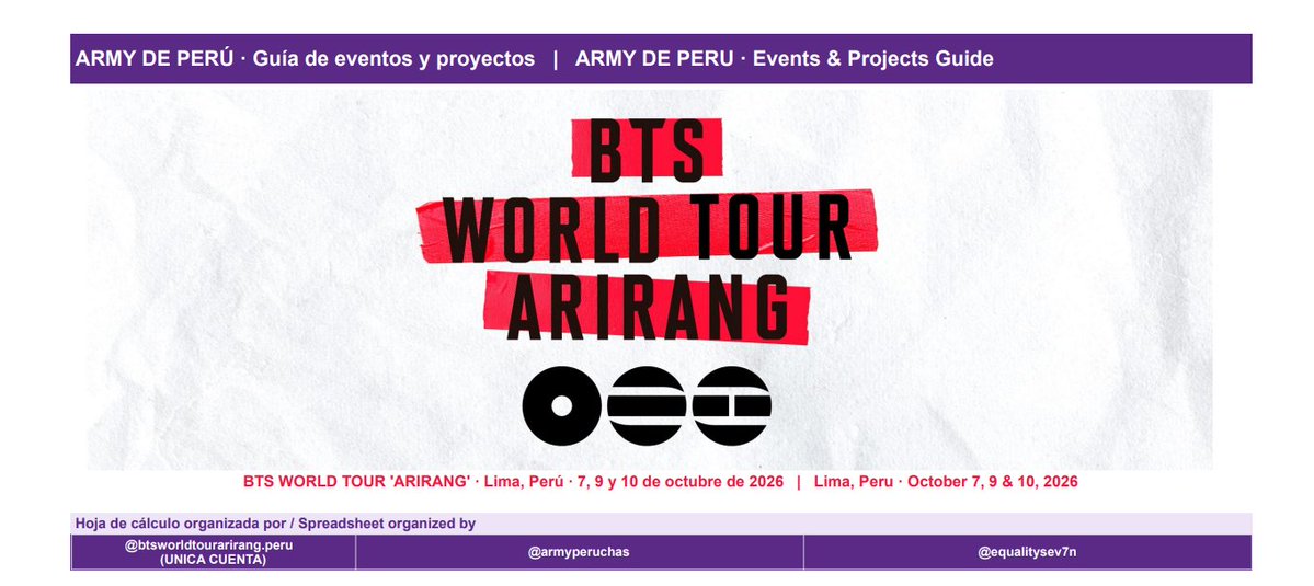 equalitysev7n's tweet photo. ARMY PERÚ 🇵🇪

¡Holi!, junto con Scar (@Mauve_ot7 ) y Val hemos organizado un Excel donde podrán encontrar todos los proyectos, eventos, fan actions y demás actividades preparadas en celebración por la llegada de BTS a Perú.

_Los invitamos a revisarlo y organizarse para poder apoyar y participar en estas hermosas iniciativas que vienen siendo realizadas con mucho esfuerzo por nuestras fanbases. 💜✨_

‼️ LINK: https://t.co/V53aRw2jst

#BTS_WORLDTOUR_ARİRANG