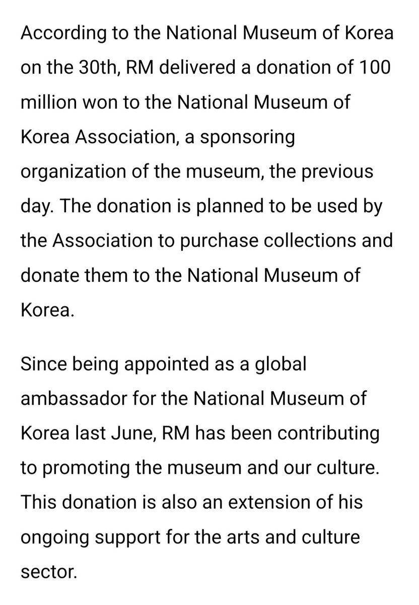 shadow_twts's tweet photo. RM donated 100 Million won to the National Museum of Korea Foundation, a sponsoring organization of the National Museum of Korea.

The donation is planned to be used by the foundation to purchase artifacts and donate them to the National Museum of Korea.

#ARIASBTS
@BTS_twt https://t.co/yYyztpkwjf