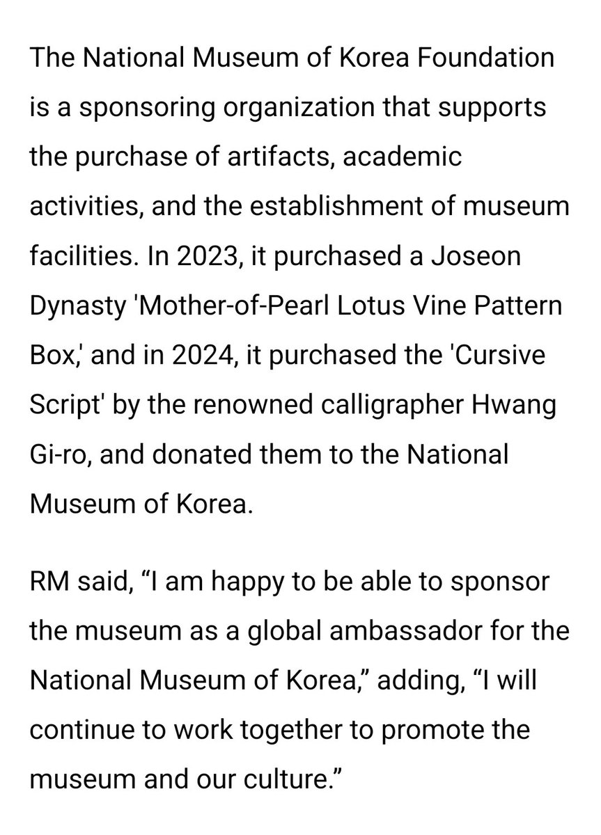 shadow_twts's tweet photo. RM donated 100 Million won to the National Museum of Korea Foundation, a sponsoring organization of the National Museum of Korea.

The donation is planned to be used by the foundation to purchase artifacts and donate them to the National Museum of Korea.

#ARIASBTS
@BTS_twt https://t.co/yYyztpkwjf