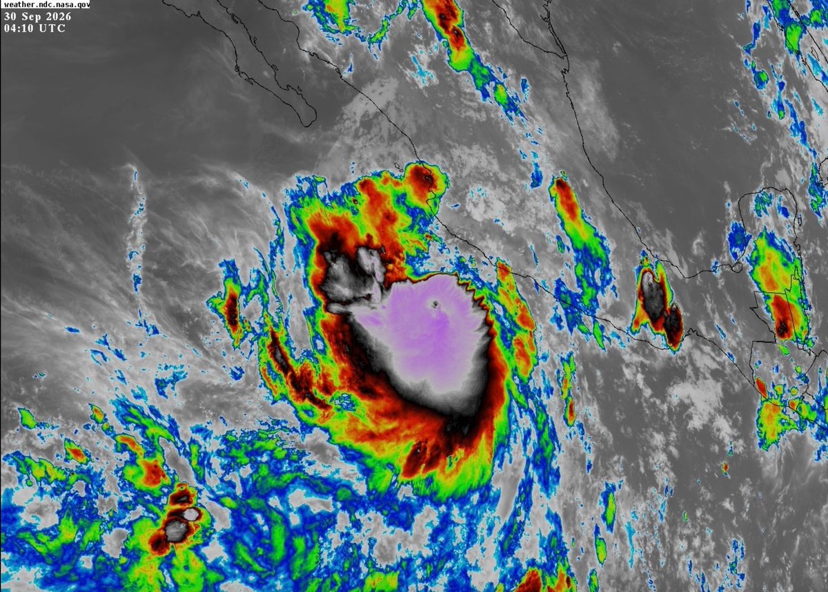 BackpirchCrew's tweet photo. This is not a satellite image of Polo last week. This is yet ANOTHER storm just off the coast of Mexico, intensifying right now as we speak.

While she is no threat to land, Tropical Storm Rachel here has consistently been consumed in incredibly deep, icy convection today. Some of the coldest you’ll see for an East Pacific storm.

With such a glacial overflow of thunderstorms so early in her life cycle, the only thing that is going to restrain this storm is the fact that she is tracking through almost the exact same path Hurricane Polo just took, where upwelled ocean waters have been considerably cooled.