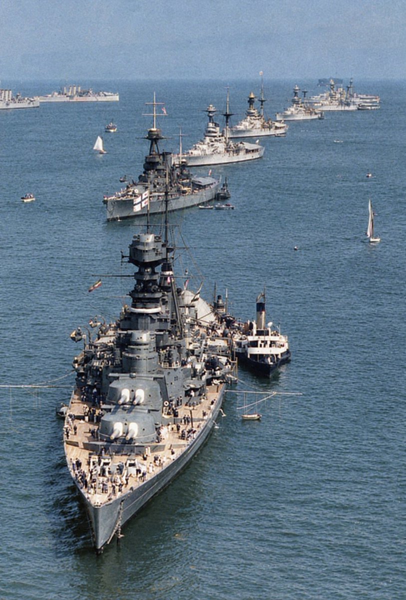 Bert_Plumswang's tweet photo. Battlecruiser HMS Hood leading a line of Royal Navy capital ships, including HMS Iron Duke, HMS Resolution, HMS Revenge, and HMS Ramillies, preparing for the Royal Jubilee Naval Review around 1935. https://t.co/tVu0UMWYj1