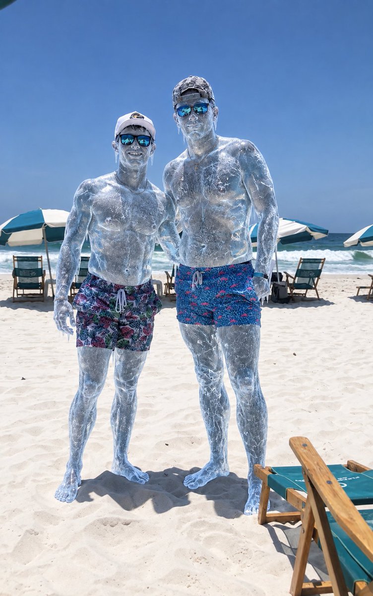 S3LCO's tweet photo. Connor and Jack had the beach to themselves that afternoon. Midweek, midsummer, the kind of heat that made the sand sting and the ocean look like it was boiling at the horizon. They had already been in the water twice. Now they were just standing there, dripping, grinning at the phone Jack had propped on a beach chair.
“Hold it. Don’t move.”
Jack hit the timer and jogged back. He slotted himself against Connor’s side the way they always did: shorter guy tucked under the taller one’s arm, both of them shirtless, hats on, cheap sunglasses flashing. Connor’s hand rested easy on Jack’s shoulder. Jack’s fingers hooked in the waistband of Connor’s flamingo shorts like he owned the spot.
The shutter clicked.
Then the air changed.
It wasn’t wind. It was a sudden, silent drop, like someone had opened a freezer the size of the sky. The heat didn’t fade. It just vanished from their skin first. Goosebumps raced up Jack’s arms so fast it hurt. Connor’s nipples tightened hard under the sudden cold. Jack felt it happen against his own side.
“What the fuck—”
Ice bloomed across Connor’s chest like frost on a window. It started at the sternum and raced outward, locking the dark hair in place, sealing over the pecs, crawling down the V of his abs. The flamingo shorts went rigid. The fabric didn’t wrinkle anymore. It just froze in the exact drape it had been wearing, every fold preserved, the outline of Connor’s cock suddenly sharp and obvious under the ice-stiff material.
Jack tried to step back. His feet wouldn’t move. The sand had already locked around his toes.
The freeze hit him next. It poured down from the brim of his white cap, over the sunglasses, down the column of his throat. His own tropical shorts turned to ice in three seconds. The pineapple print stayed bright. The bulge underneath did not stay soft. Cold made him hard so fast it ached, and then the ice sealed that ache in place, trapping him half-swollen and leaking against the frozen fabric.
They stayed exactly as they had posed.
Connor’s arm still slung around Jack’s shoulders. Jack still smiling that same easy beach smile, except now the smile was ice. Tiny icicles hung from Connor’s jaw and the brim of Jack’s cap. Their skin had gone translucent-blue, every vein and muscle visible through the crystal layer, like someone had poured liquid glass over two living bodies and let it set.
They could still feel everything.
Connor felt Jack’s frozen shoulder under his palm. He felt the way Jack’s trapped cock twitched once against the ice shorts and then couldn’t twitch anymore. Jack felt Connor’s bigger body radiating a deep, impossible cold even while the sun kept beating down on the sand around them. The ocean kept rolling. The umbrellas didn’t move. Only the two of them had stopped.
A guy walking past with a cooler slowed down.
He looked once. Then he looked again. He set the cooler in the sand and stepped closer, circling them like they were a sculpture that had just appeared. He reached out and ran two fingers down the frozen groove of Connor’s abs. The ice didn’t melt. It just sang under the touch, a thin crystalline sound.
Connor’s trapped cock jumped inside the flamingo shorts. A single drop of precome had already frozen at the tip, a tiny clear bead now locked against the fabric.
The stranger’s hand moved lower.
He cupped Connor through the ice shorts, squeezed once, slow. The frozen outline was perfect. Thick. Heavy. The ice let him feel every ridge. Connor couldn’t thrust. He could only stand there with his arm around Jack and take it, the cold making every nerve scream louder instead of going numb.
Jack watched it happen from two inches away, eyes still smiling behind the frozen sunglasses. He felt his own cock throb uselessly against the pineapple print. A thin line of ice-slick leaked down the inside of his thigh and immediately froze there, a shiny trail no one could wipe away.
The stranger laughed under his breath.
“You two just going to stand here all day like this?”
He didn’t wait for an answer they couldn’t give. He stepped behind them, one hand still working Connor through the ice, the other sliding down Jack’s frozen ass, fingers tracing the rigid seam of the shorts. Jack’s hole clenched once, trapped, and then the ice locked that clench too.
The stranger stayed there a long time.
He licked a stripe up Connor’s frozen pec, tongue catching on the ice-hard nipple. He bit gently at the icicle hanging from Jack’s jaw. He palmed both of them through their shorts at the same time, comparing, squeezing, listening to the tiny fractured sounds the ice made when the cocks inside tried to kick.
The sun kept shining. The waves kept coming. Connor and Jack stayed posed for the photo that had already been taken, two perfect ice statues on a hot beach, leaking and aching and completely unable to do anything except feel every single second of it.
When the stranger finally left, he took a picture of his own.
He never posted it.
He just kept it.
Connor and Jack are still out there, waiting for the next person who notices that two guys on the beach haven’t moved in a very long time.