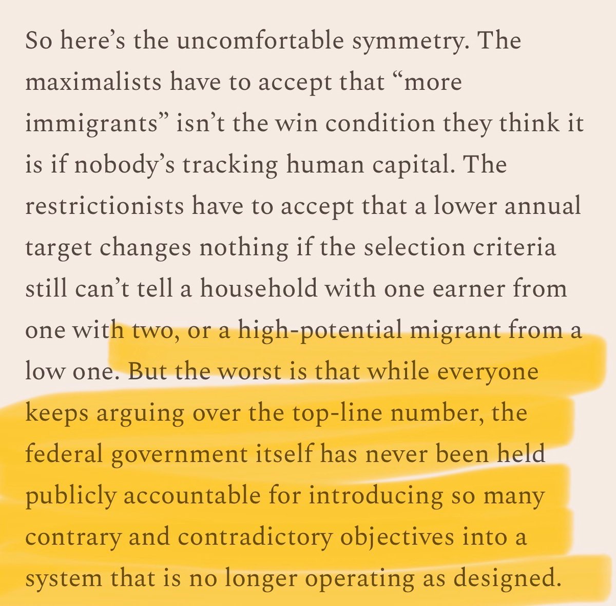ninomelikidze's tweet photo. One of the more interesting immigration pieces I read this weekend made a point I think gets missed frequently in Canadian political discourse. 

We spend way too much time arguing about how many immigrants Canada should take, and not nearly enough time asking who we're selecting, why we're selecting them, and what outcomes the system is actually producing.

As Steven and I have said repeatedly - Canada's skilled immigration system is now trying to do a lot of different things at once. Fill labor shortages. Satisfy provincial needs. Increase nationwide Francophone levels/immigration. Meet increasing and changing humanitarian commitments. Grow the population.

All of those can be legitimate goals. But once one system is responsible for all of them, it becomes increasingly difficult to answer a pretty basic question: what are we actually optimizing for? Which of the goals is the system actually trying to meet? 

What was most interesting from the article - the Build Canada team also looked at immigration through a fiscal lens. Their own modeling suggests that in Canada, an immigrant household might need a surprisingly high income before becoming a net fiscal contributor over its lifetime. Worth noting, the estimates vary substantially by province and the article is clear that this is their own model, not an official government figure. But this is still a big finding! 

Overall, I think the broader point made is - immigration policy shouldn't be judged mainly by whether we admitted 300K or 400K people annnually (this matters to be clear, but it’s not the main nor only thing). 

Instead, we should really be asking whether we're selecting people who are likely to thrive here, whether Canada gives them the conditions to succeed once they arrive, whether we retain them, and whether the system produces better long-term outcomes for both immigrants and the country. 

The main point is, how many of them are going to integrate well and contribute to the country and its economy? The immigration debate doesn't have to be just more vs. fewer - instead we can focus it on better selection, integration and overall outcomes.

This post was inspired by the insightful article from Build Canada: https://t.co/ibGrIO2ak7