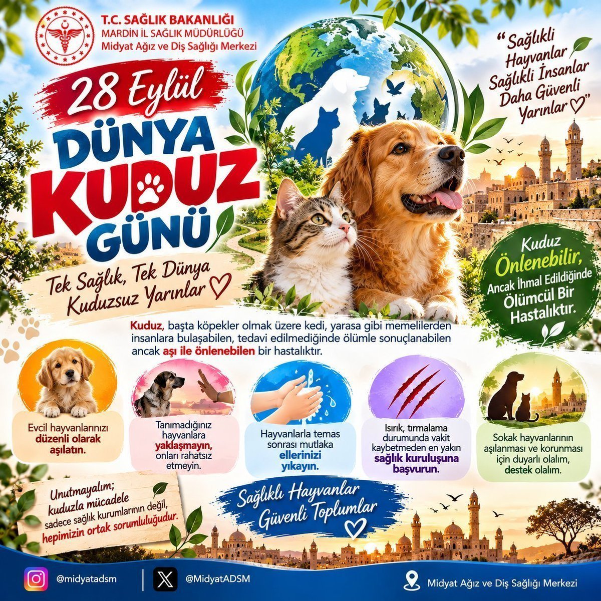 yagmur_gokce06's tweet photo. Hastanelerimizi kedi-köpek dolduran zihniyetin Dünya Kuduz Günü afişinde sevimli kedi ve köpeğin üstüne dünyayı oturtmuşlar. Malumun ilanı. Merkezde bu iki tür. “KUDUZ”un D’sinde de sevimli bir pati.

İlk bakışta “kuduz varsa var; sakın ha, canın pahasına sev” hissi veriyor.

Kuduz, belirtiler başladıktan sonra neredeyse her zaman öldürür. Aşının yetmediği, “aşı oldu ama kuduzu önlemedi” denilen durumlar da vardır. Buna rağmen afiş “önlenebilir, birlikte çözülür, kuduzsuz yarınlar” diye gülümsetiyor.

Sanki aşı reklamı basmışlar. İnsanı önce ısırık ve tırmık riskine sokmamak yok. “Bilmediğiniz hayvana dokunmayın” denmiş; sonra minare önünde duran kedi-köpek görselinin altına “sokak hayvanları aşılansın, korunsun, duyarlı ol, destek ol” mesajı verilmiş.

“Aşısı var” demek, saldırıya uğramamayı sağlamaz. İnsanı korumak aşıdan önce temasın kesilmesidir. Kaynağı yönetmeden, başıboşluğu romantize ederek halk sağlığı yapılmaz.

Kuduz Günü sempati günü değildir. Riskin hatırlatılacağı, önlemin sorulacağı gündür.