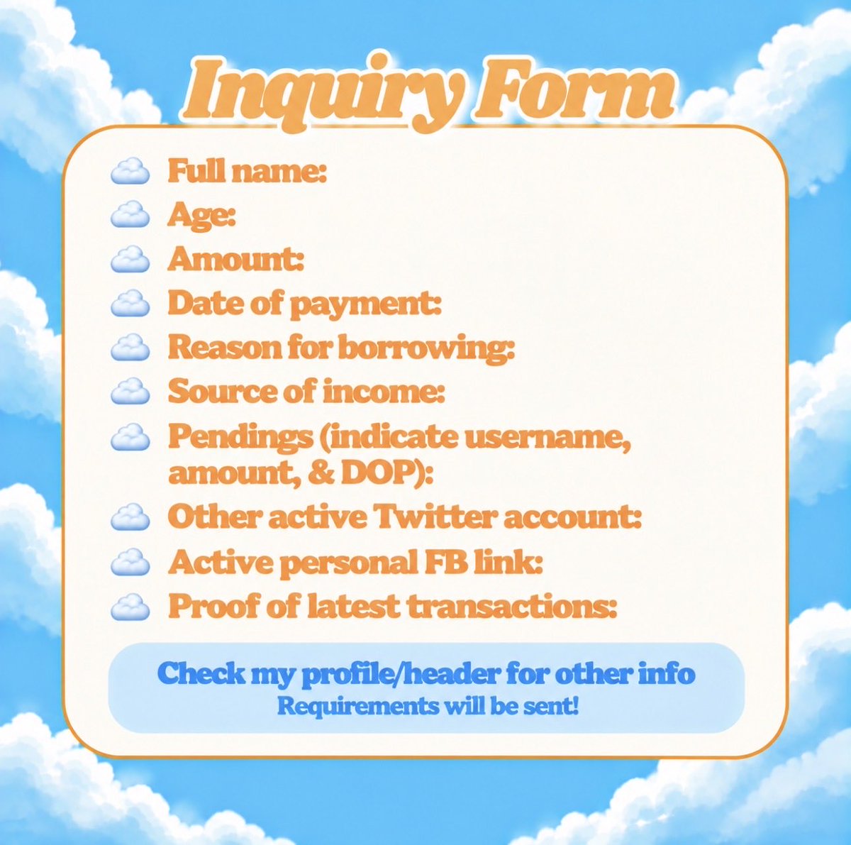 ona_lends's tweet photo. pautang service: OPEN for November slots
☁️send inquiry form
☁️0-2k to new; 0-3k sa may SOI
☁️1-7 days dop 
lying =pass; no inquiry form= ignored
prio no past issue
t. payo utang loan pahiram lending lend debtor lender gcash payo borrow bns https://t.co/y0QEFe3saq