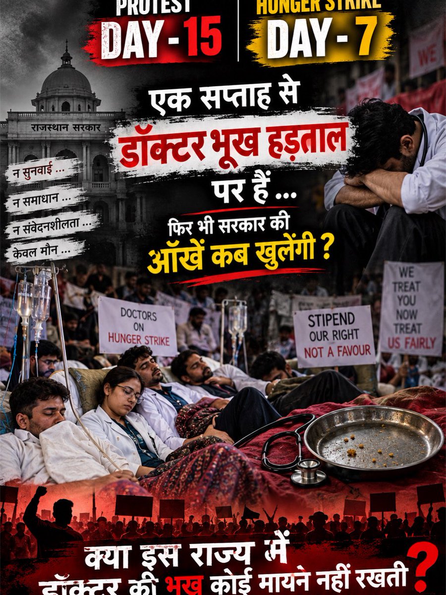 DrRaj05's tweet photo. PROTEST DAY – 15 | HUNGER STRIKE – 7

एक सप्ताह से डॉक्टर भूख हड़ताल पर हैं…
अपने हक़ और सम्मान के लिए लगातार संघर्ष कर रहे हैं।
15 दिनों से शांतिपूर्ण तरीके से आवाज़ उठाई जा रही है, लेकिन अब तक समाधान का इंतज़ार जारी है।

ये सिर्फ़ कुछ डॉक्टरों की लड़ाई नहीं है—यह उन सभी FMG interns के अधिकार और सम्मान की लड़ाई है, जो अपनी सेवाएँ दे रहे हैं और अपने stipend के हक़ की मांग कर रहे हैं।

एक सप्ताह से डॉक्टर भूखा है…
फिर भी सरकार की आँखें कब खुलेंगी?

हमारी मांगें सुनी जाएँ।
हमारा हक़ दिया जाए।
इस संघर्ष का सम्मानजनक समाधान निकाला जाए।

#RajFMGStipend #JusticeForFMGs #DoctorsOnHungerStrike #StipendForFMGs #FMGInterns #RajasthanFMGs #DoctorsRights @KumariDiya @GajendraKhimsar @BhajanlalBjp @hanumanbeniwal @RajCMO