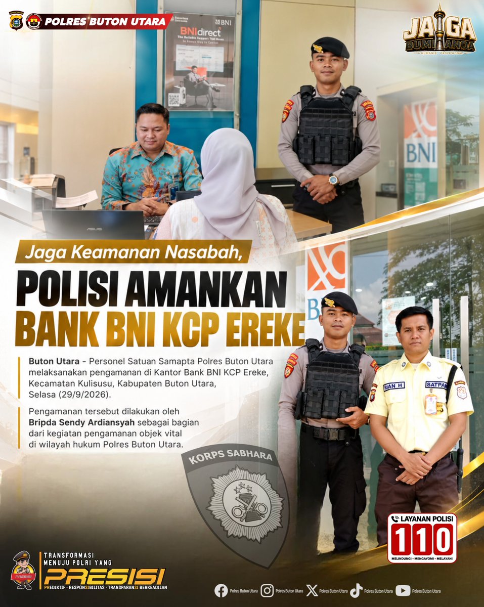 PolresButur's tweet photo. Jaga Keamanan Nasabah, Polisi Amankan Bank BNI KCP Ereke
.
.
#JagaBumiAnoa #Satsamapta #PolisiHadir #PengamananObjekVital #BankBNI #Layanan110 #Kamtibmas #PolresButonUtara #PolisiHumanisPresisi #DivHumasPolri #BidHumasPoldaSultra https://t.co/j3R6wcUhO5