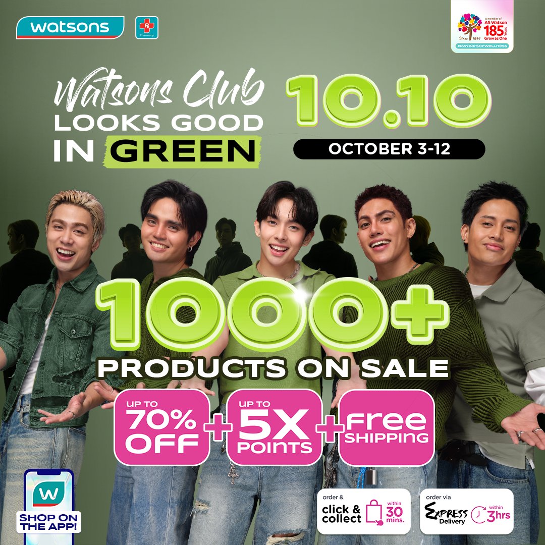 WatsonsPH's tweet photo. It's time to shop GREEN! 💚

The Watsons 10.10 Sale is here and packed with exciting offers from October 3-12!

Whether you're stocking up on essentials or treating yourself to your favorites, now's the perfect time to check out.

Looks Good in GREEN, feels even better with extra savings! 👀

SHOP NOW!

#WatsonsPH #Watsons1010Sale #LooksGoodInGreen