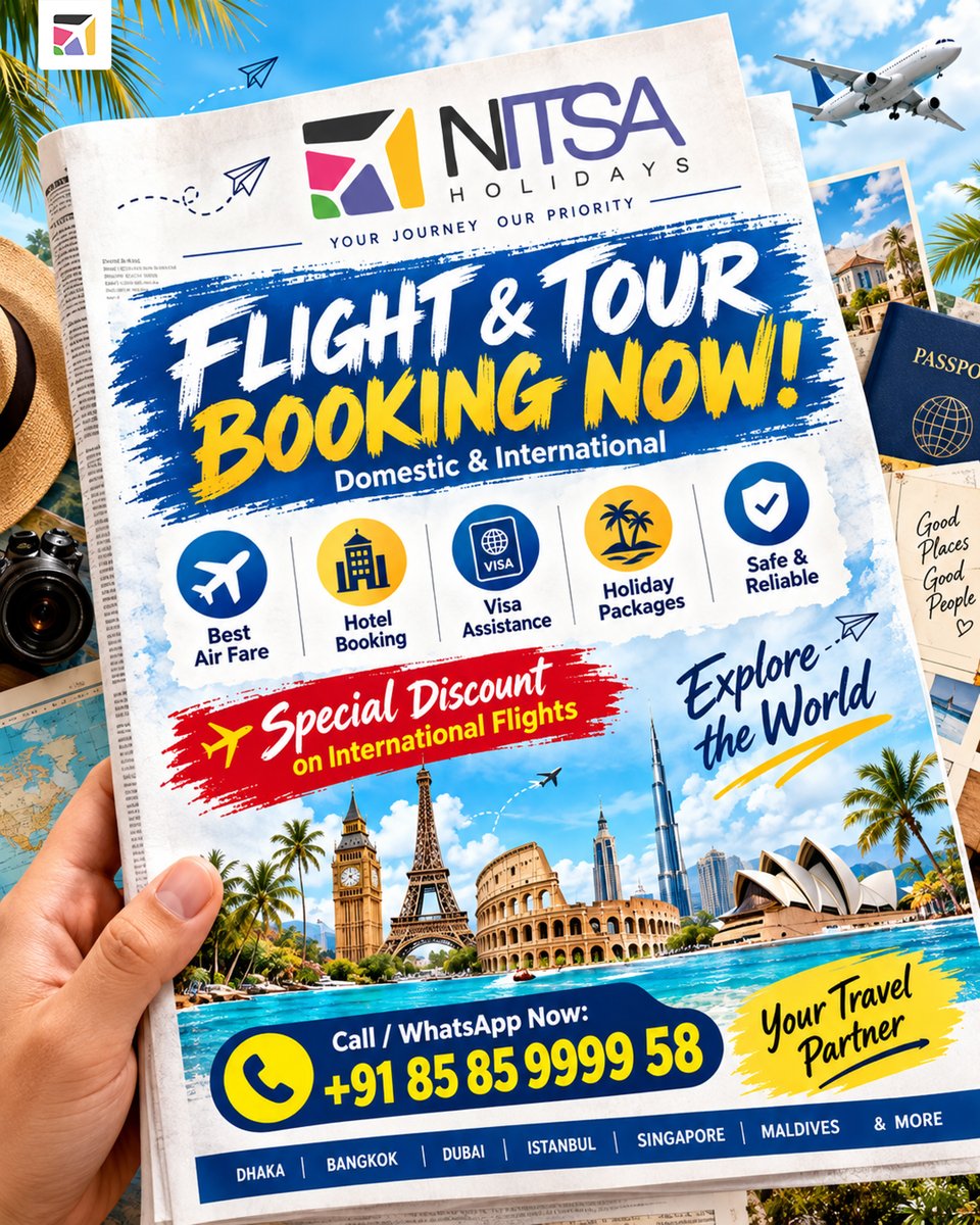 nitsatravel's tweet photo. ✈️ Your next adventure starts here! 🌍
Flights, hotels, visas & holiday packages — all in one place.🔥 Special discounts on international flights!📲 Call/WhatsApp: +91 85 85 9999 58#NitsaHolidays #TravelDeals #ExploreTheWorld https://t.co/8efar62OFO
