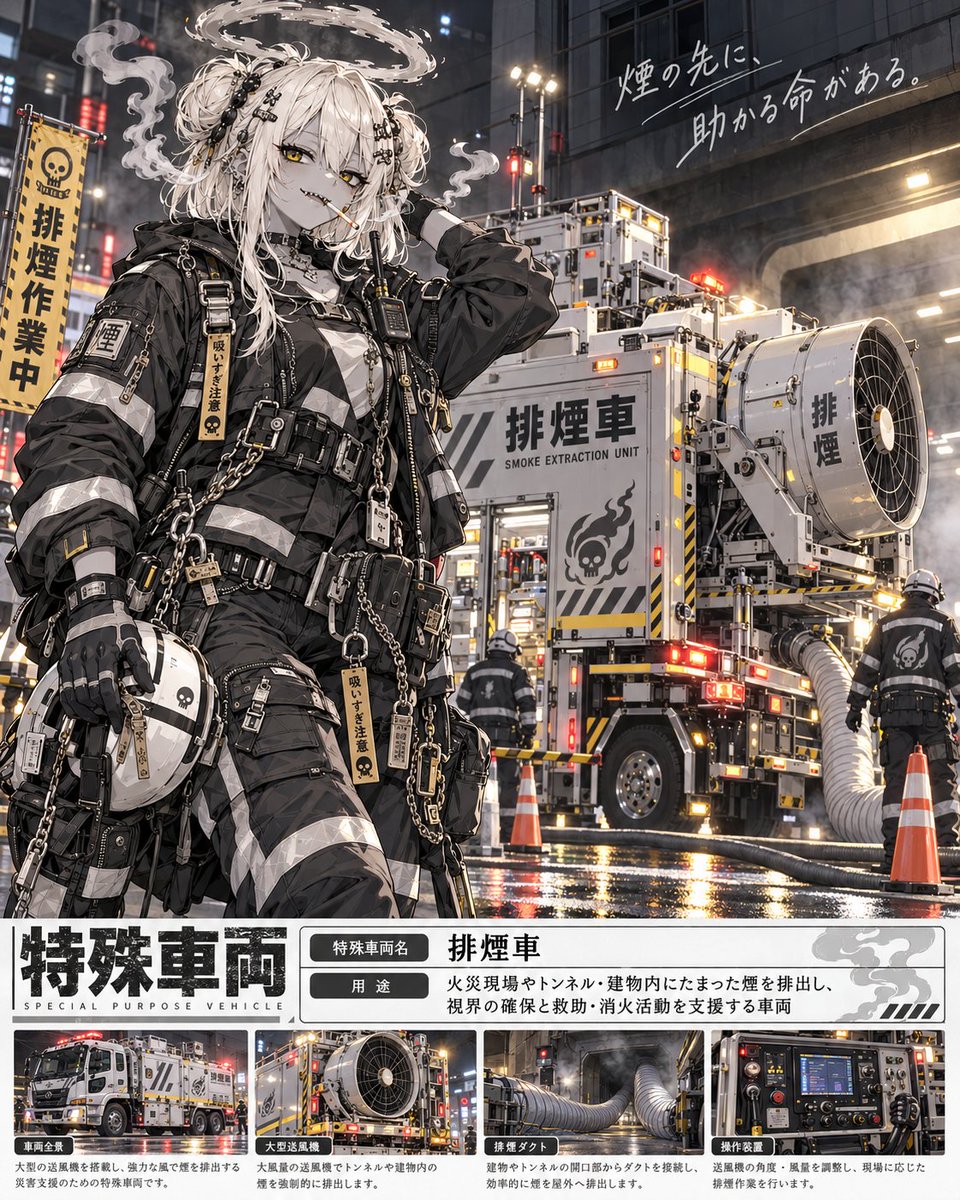 Sadal_Quari's tweet photo. こんなプロンプト需要あるのか？
……と思いつつ配布します🚚
「うちの子に似合う特殊車両ガチャ」

キャラクター設定画をアップロードすると、
その子の雰囲気・配色・性格・モチーフなどから
似合いそうな実在の特殊車両を1台選択します

さらに、その車両の仕事に合わせて
キャラクターも作業着・制服に着替えます

消防車、除雪車、高所作業車、移動図書館車、排煙車、照明電源車など、
何が選ばれるかはキャラクター次第

画面下には
**「特殊車両名」と「用途」**も表示するので、
はたらく車図鑑っぽい一枚になります

「うちの子、何に乗せられるんだろう？」くらいの気持ちでどうぞ

車のプロンプトから、重機とかも面白そうだなと思ったのですが、他のいろんなプロンプトを作成している中でで再現性度が高そうなのは特殊車両かもしれないと思い作りました…

だけど需要があるのかわかりません
ただ、見たことない特殊車両がでることがありますのでそこは面白いです

プロンプトはツリーへ↓