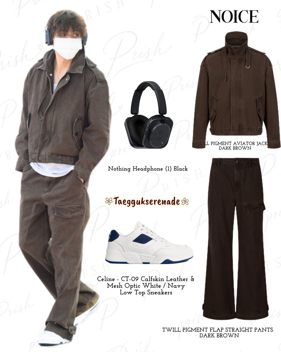 taeggukserenade's tweet photo. Taehyung & Jungkook Airport Look || 30.09.2026

Taehyung is wearing:

•Noice ~Twill Pigment Aviator Jacket, Dark Brown

• Noice~ Twill Pigment Flap Straight Pants, Dark Brown

•Nothing ~ Headphone (1), Black

•CELINE ~ CT-09 Calfskin Leather & Mesh Optic White/Navy Low Top Sneakers

Jungkook is wearing:

•Neighborhood ~ Bicolor Dad Cap

•Descendant ~ Berth Jersey LS, Grey

•KAPITAL ~ Pants Thin Canvas Easy Rice Jots

•PGYTECH ~ Camera Strap

•Leica ~ M11-D, Black Paint Finish

•Leica ~ M6 Black

•Maison MIHARA YASUHIRO
Blakey sneakers