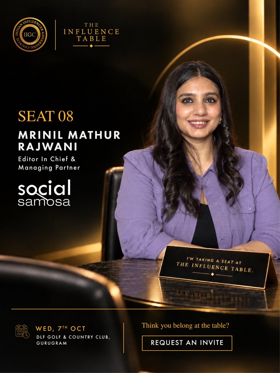 IIGC_official's tweet photo. SEAT 08 | MRINIL — @Social_Samosa
She brings an essential media lens to a room of brands, creators, platforms, and tech leaders.
Think your perspective belongs at the table?
Check the comments to request an invite!
#TheInfluenceTable #IIGC #CreatorEconomy https://t.co/lGeMKrY8qw