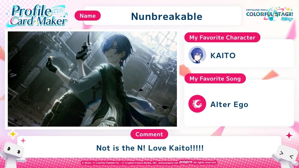 Notunbreakable_'s tweet photo. Check out the #COLORFULSTAGE profile card I made for the World Link Campaign🌎
Let's bring together COLORFUL STAGE! fans from around the world!
https://t.co/aB7bHO7veh
#SEKAIanniversary
I LOVE ALL OF THE KAITO CARDS, BUT GOTTA GO WITH MY TOP https://t.co/IGCxGx44jJ