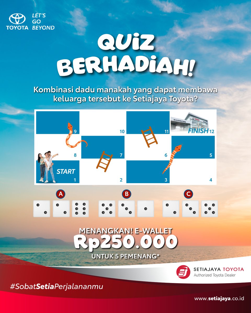 setiajayatoyota's tweet photo. 🎲 QUIZ BERHADIAH!

Kombinasi dadu manakah yang dapat membawa keluarga tersebut sampai ke Setiajaya Toyota? A, B, atau C? Tulis jawabanmu di kolom komentar, ya!

Menangkan E-Wallet total Rp250.000 untuk 5 pemenang! https://t.co/7ar2R5vtTb