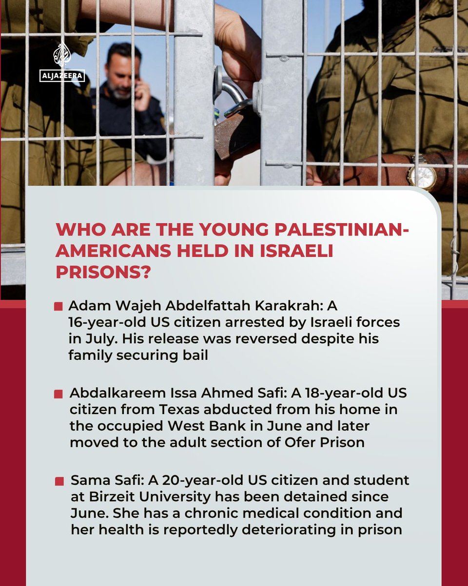 AJEnglish's tweet photo. As the US Senate blocks a bill requiring stricter reporting on violations in the occupied West Bank violations, attention turns to young Palestinian-American citizens reportedly trapped in Israeli custody.

Here's what we know ⤵️

🔴 LIVE updates: https://t.co/thHJVqKy4F https://t.co/36t5PmXpH9