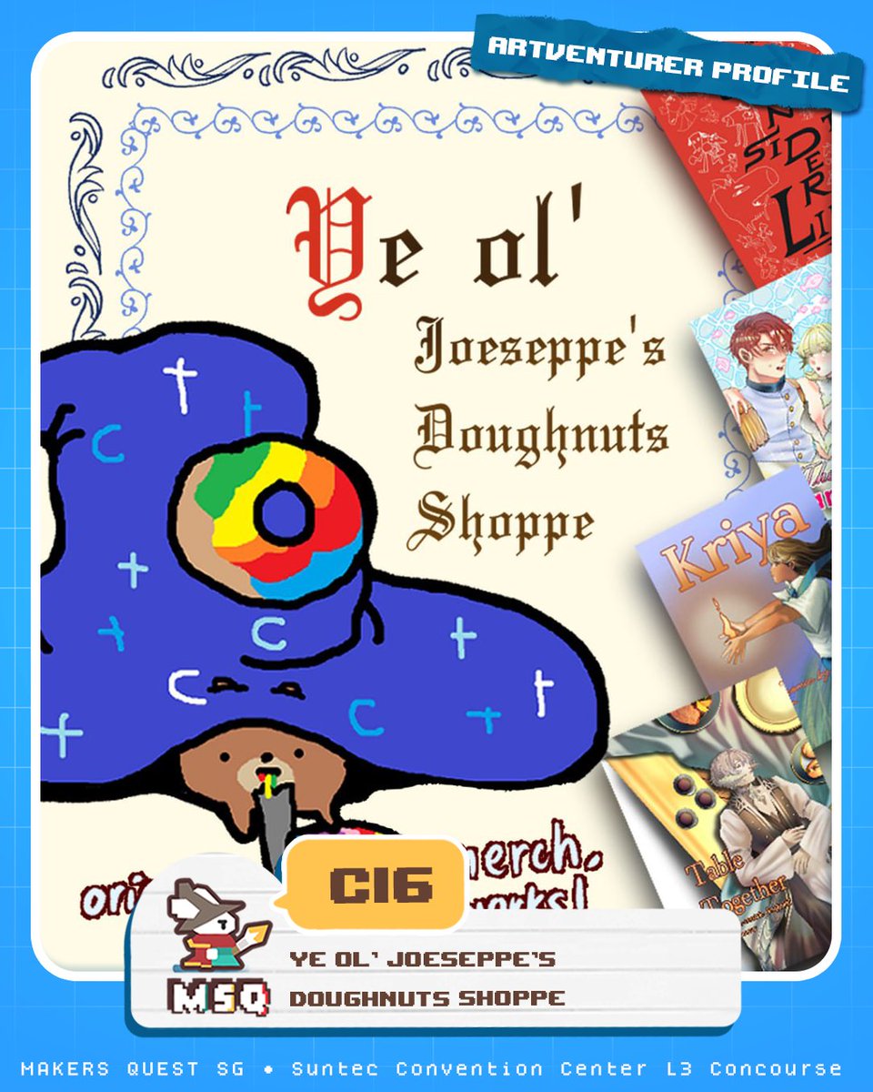 MakersQuestSG's tweet photo. ✨Seek artists who weave worlds and stories into every creation!✨

C05- Labutori
B09- Fever Fiction
C16- Ye Ol' Joeseppe's Doughnuts Shoppe
B11- Mihail_Viola x Mdmdotty

📍Makers Quest SG
Suntec Concourse L3
17 Oct 2026
10am-7pm
Check out the full map on our website! #msqsg2026 https://t.co/98uumn2109