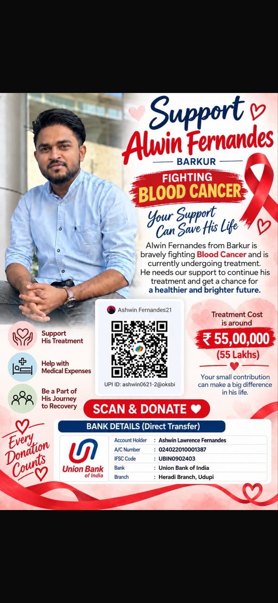 PramodSPalan's tweet photo. @ParamvahStudios Alwin from Udupi is fighting blood cancer and undergoing treatment. After getting married in January and losing his job recently, he is now facing the toughest battle of his life. His treatment is estimated at ₹55 lkhs. Every contribution and share can help. Please support ❤️🙏 https://t.co/sXIWm4VUwx