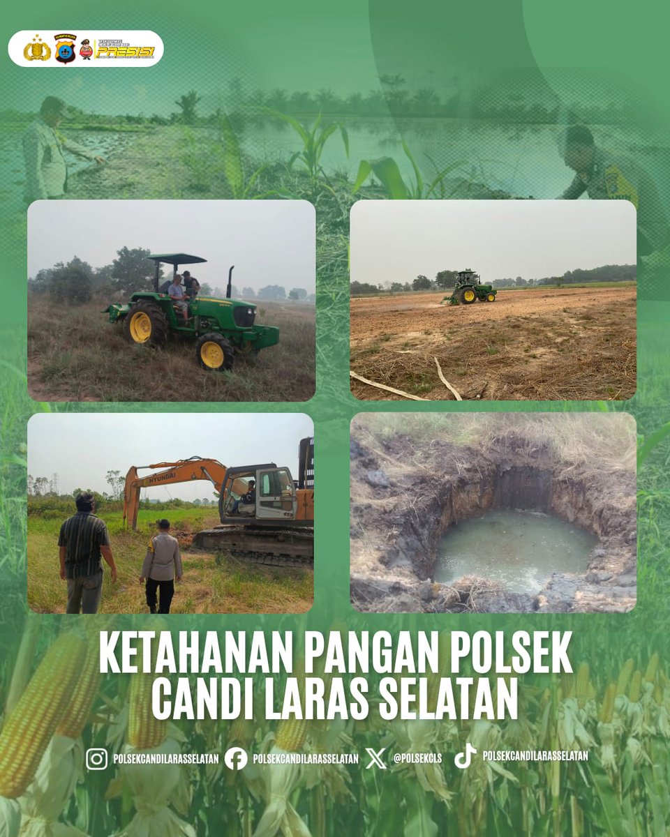 PolsekCLS's tweet photo. Rencana penanaman Jagung Pakan Kuartal IV Saat ini proses persiapan terus berjalan meliputi penggalian sumur untuk pengairan dan penggemburan lahan menggunakan traktor John Deere.

#swasembadapangan 
#ketahananpangan 
#poldakalsel 
#polrestapin 
#polsekcandilarasselatan https://t.co/d0AnChPxjE