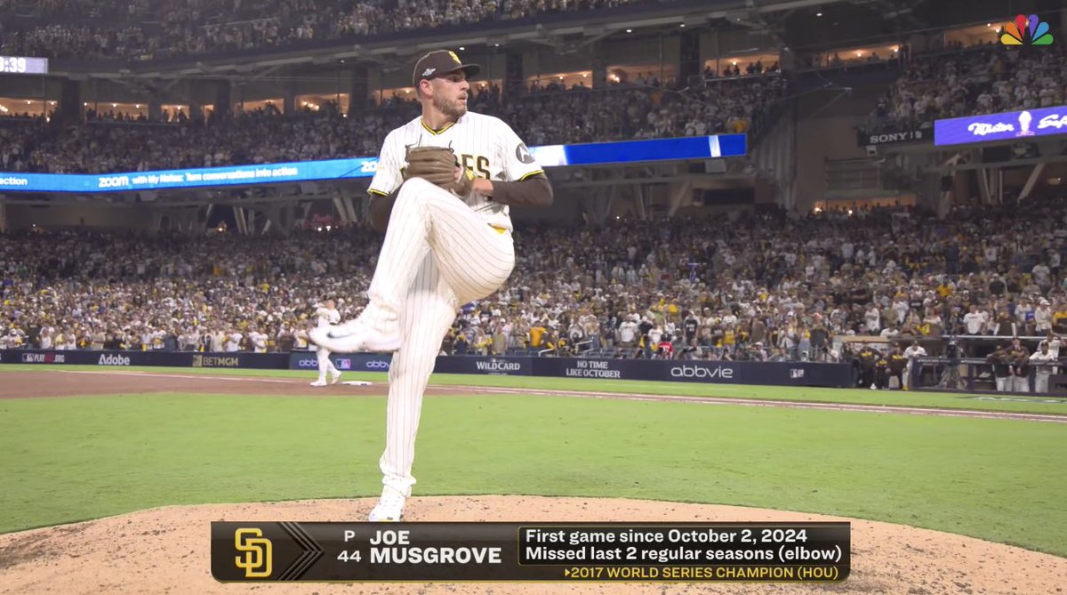 Joe Musgrove takes the mound for the first time since October 2, 2024 👏 
 [📷](https://pbs.twimg.com/media/HTcEjXYXMAAUiAM.jpg) https://pbs.twimg.com/media/HTc