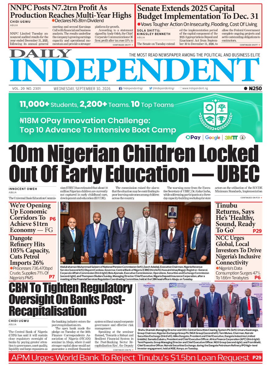 IndependentNGR's tweet photo. Just published: front page of Daily Independent Newspaper for today, 30 September 2026 https://t.co/UJu40ywpvX