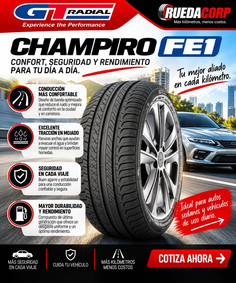 Ruedabymelitos's tweet photo. 🛞 GT Radial CHAMPIRO FE1
Una goma pensada para el día a día. 🚗
✔️ Conducción confortable
✔️ Buen desempeño en mojado
✔️ Estabilidad y control
✔️ Desgaste uniforme
✔️ Ideal para ciudad y carretera
Compai, comodidad y rendimiento también cuentan en cada kilómetro. 😎 https://t.co/G28SA34n9a