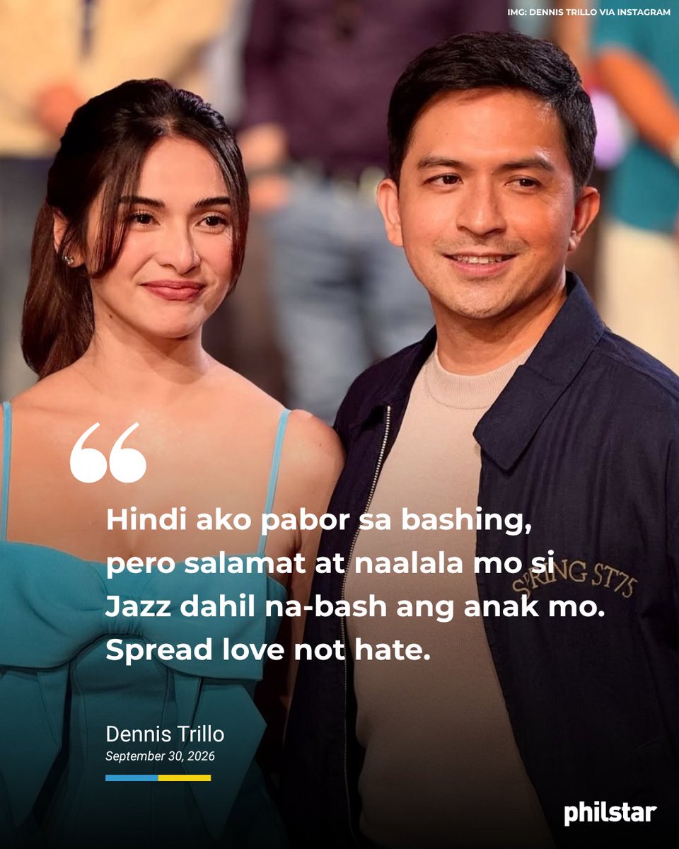 PhilstarNews's tweet photo. ‘SALAMAT AT NAALALA MO SI JAZZ DAHIL NA BASH ANG ANAK MO’

Actor Dennis Trillo appeared to allude to the online backlash surrounding Patrick Garcia following the latter’s recent interview about his past relationship with Jennylyn Mercado.

“Hindi ako pabor sa bashing. Pero salamat at naalala mo si Jazz dahil na-bash ang anak mo. Spread love, not hate,” Trillo said Wednesday, September 30.

Patrick recently broke his silence on his 2008 breakup with Mercado, saying he decided to share his side after his eldest daughter, Michelle Garcia, faced online criticism.

Read: https://t.co/K32Cm7etYg