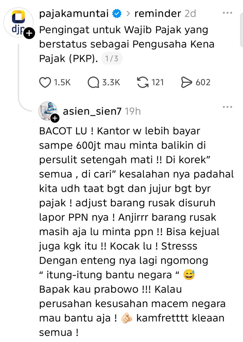 txtdarigenz97's tweet photo. Admin pajak ingatin para pengusaha untuk bayar pajak

Tapi.... 
ada yg balas kayak gini 😭

nagih doang yg semangat, giliran ada yg lebih bayar slow respon banget https://t.co/VJgkKVNdy4