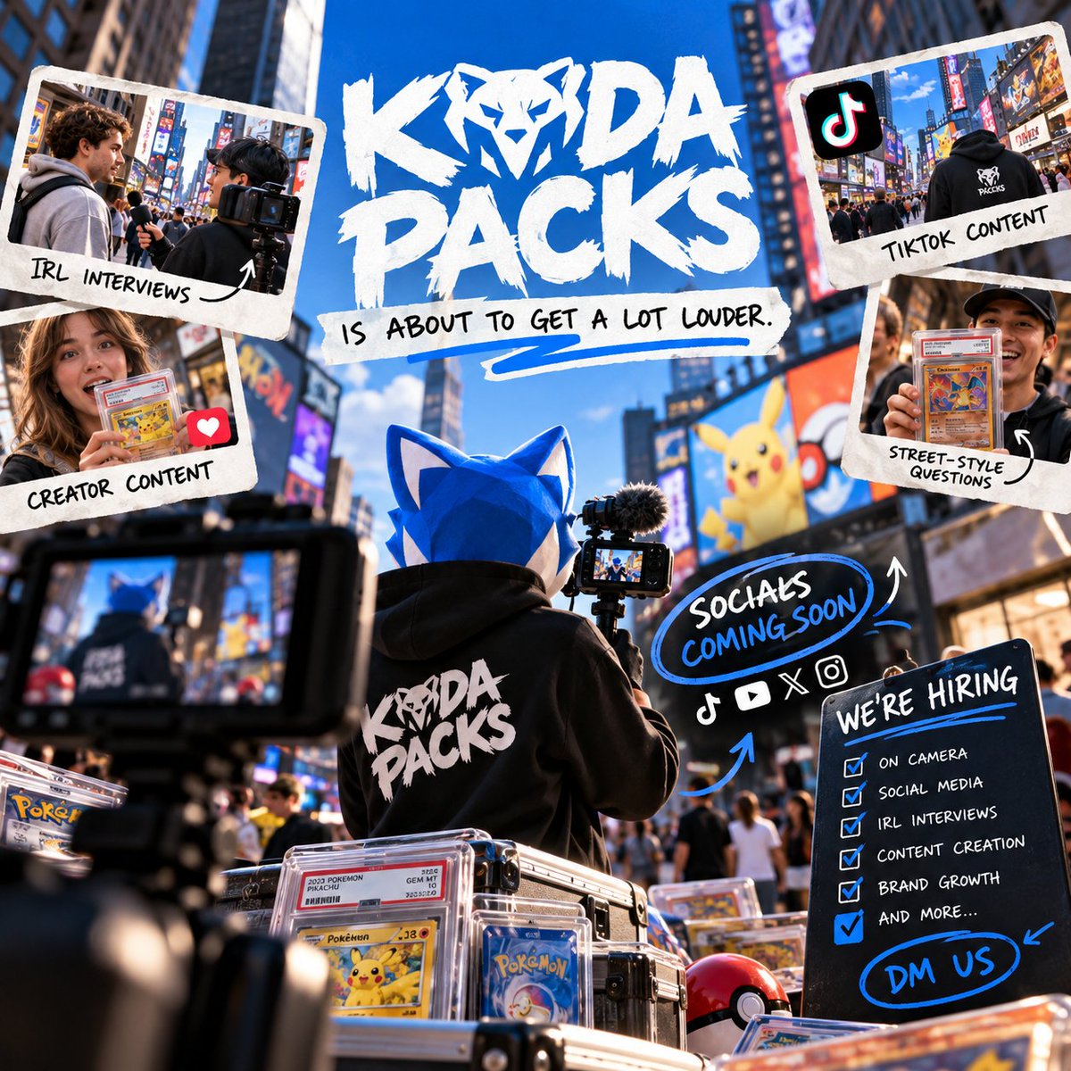 kodapacks's tweet photo. We’re launching our social channels soon, with TikTok content, IRL interviews, street-style questions, creator content, and a much bigger push to bring new people into Pokémon and collectibles.

We’re also hiring.

If you’re good on camera, understand social media, can interview people IRL, create content, or think you can help us build the KodaPacks brand outside of the product, DM us.

We’ll send over a Calendly link and start booking calls.